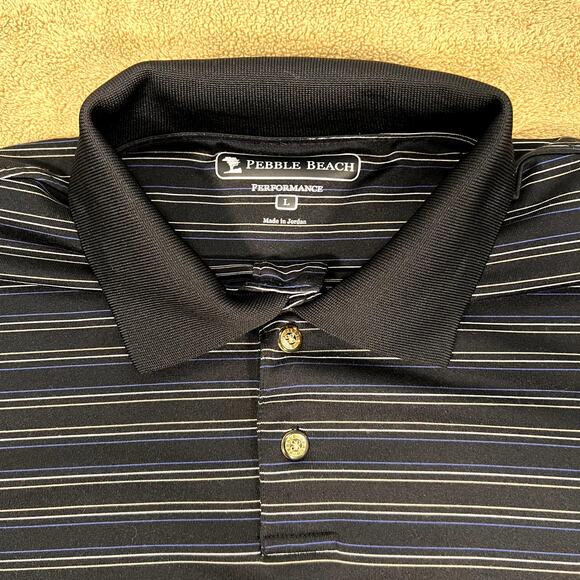Pebble Beach Golf Mens Performance Black Striped Short Sleeve Polo Shirt Size L - Picture 4 of 7